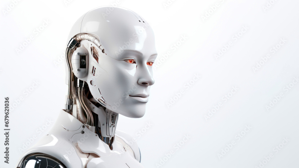Humanoid robot on white background, copy space for text
