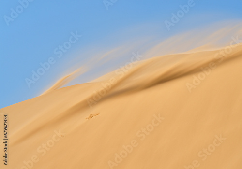 The strong wind blows the huge dune