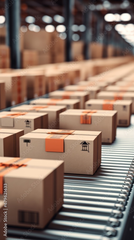 Vertical image closeup of rows of multiple cardboard box packages moving along a conveyor belt in a warehouse ready for delivery, logistics and transportation Vertical image closeup of rows of multiple cardboard box packages moving along a conveyor belt in a warehouse ready for delivery, logistics and transportation