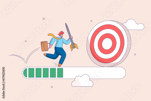Improvement concept. Progress or journey to success or achieve a goal, business step or career path, mission or challenge to succeed. Ambitious businessman run on the progress bar to achieve success