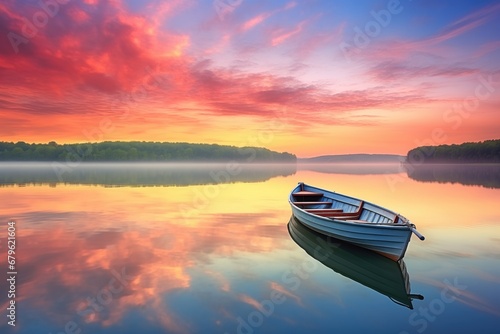 rowboat docked on tranquil lake at sunrise © altitudevisual