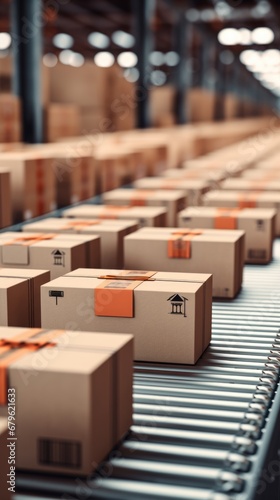 Vertical image closeup of rows of multiple cardboard box packages moving along a conveyor belt in a warehouse ready for delivery, logistics and transportation