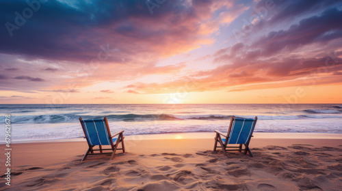 two deck chair in beach at sunset. travel destination in vacation