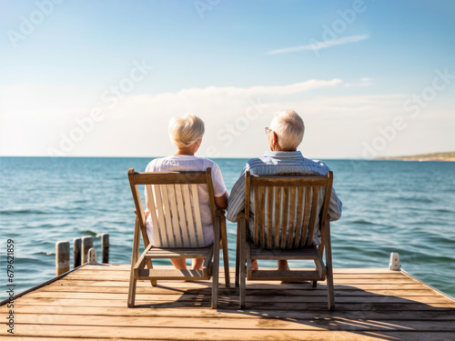 elderly couple enjoying the retirement near the sea © mimadeo