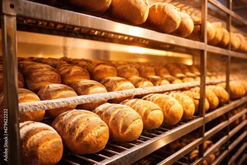 rows of fresh loaves baking in an industrial oven