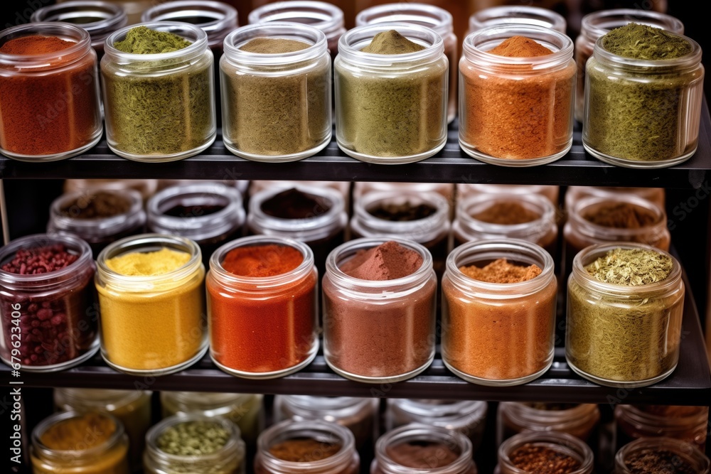 different spices in containers on a kitchen rack different spices in containers on a kitchen rack