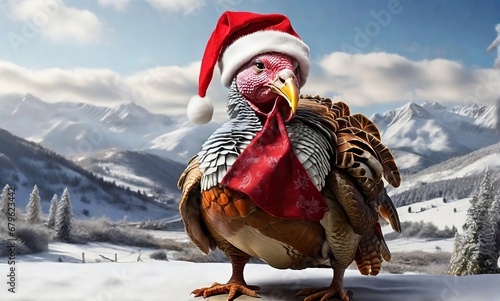 A festive winter turkey wearing a santa hat against a winter landscape on thanksgiving day and christmas day created with generative ai