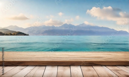 Empty wooden floor for product display montages with sea and mountain background for ecommerce products display created with generative ai