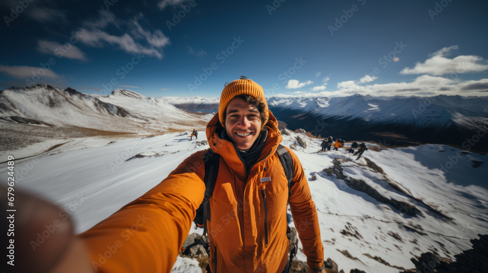Hiker taking selfie with action camera on the top of a mountain in the Alps.