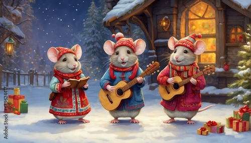 Three funny mice in knitted hats and colorful clothes sing Christmas carols and play musical instruments while standing in a snowy lawn in front of their cottage.