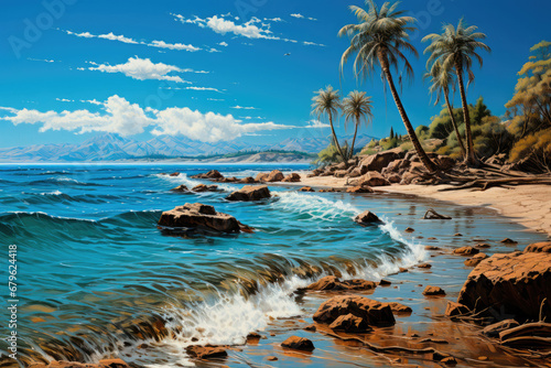 Panoramic view of beautiful beach with coconut palm tree, sea and beautiful rocks