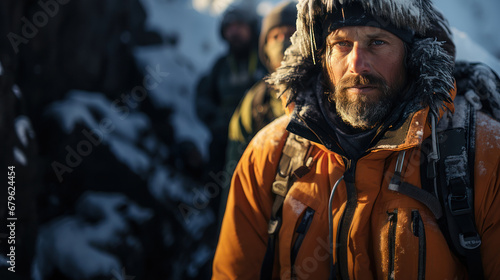 Hikers in the mountains. A man with a beard and moustache in an orange jacket on the background of snow.