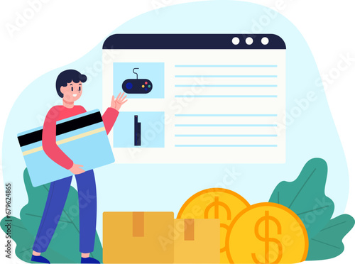 illustration of a man wanting to make payment for an item he wants to buy in an online shop application. the man made the payment by credit card