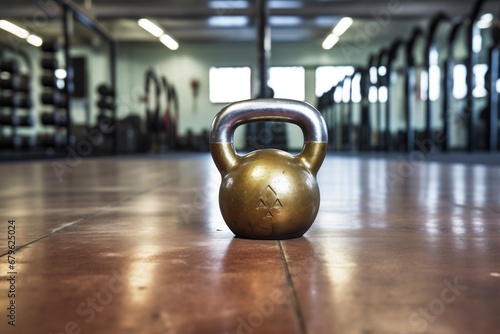 close-up of a new, shiny kettlebell on gym floor