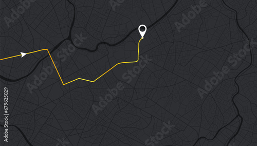 Location tracks dashboard. City street road. City streets and blocks, route distance data, path turns and destination tag or mark. Huge city top view. vector, illustration. Abstract background.