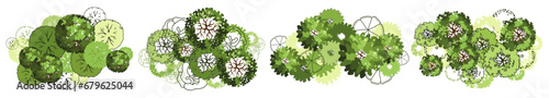 Tree for architectural floor plans. Entourage design. Various trees, bushes, and shrubs, top view for the landscape design plan. Vector illustration.