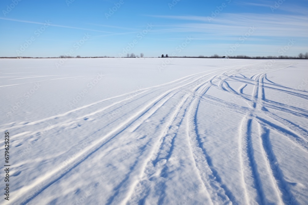 snowmobile tracks in a snowy plain, as seen from a distance