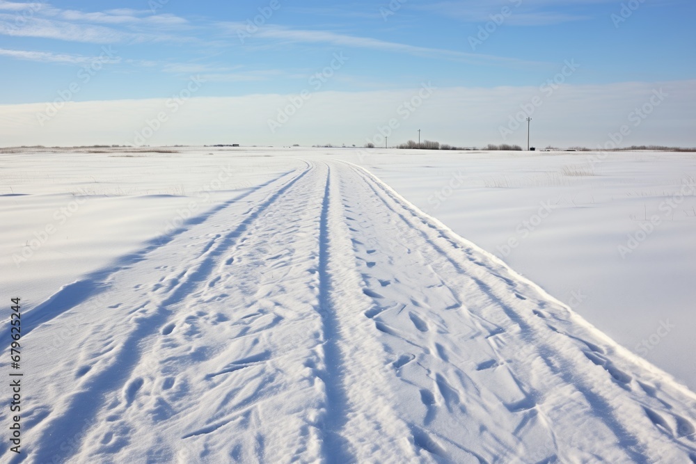 snowmobile tracks in a snowy plain, as seen from a distance