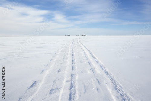 snowmobile tracks in a snowy plain  as seen from a distance