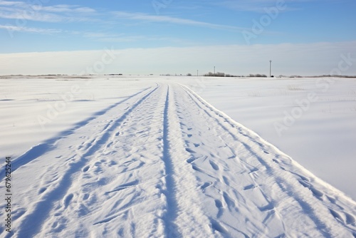 snowmobile tracks in a snowy plain, as seen from a distance © altitudevisual
