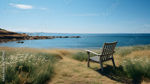 Images of beach in summer, ocean, water, summer, chair, sky, clouds, blue, plants, rocks, landscape, vacation, relaxation, AI generate.
