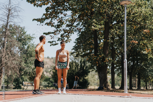 Caucasian athletes in sportswear enjoy a positive conversation while walking home after outdoor training in the park. Fit and strong, their muscles attest to their practice in sport.