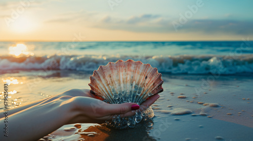 Hand with a sea shell on the seashore.