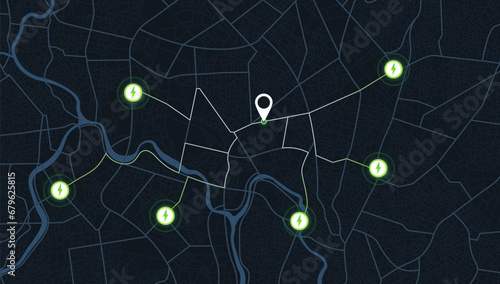 GPS navigator screen with street roads and location, destination points City top view, for application and animation. Vector, illustration isolated. Urban highway path turns, destination tag or mark