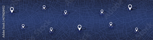 Gps tracking map, streets and blocks, route. Track navigation pins on street maps, navigate mapping technology and locate position pin. Futuristic travel gps map or location navigator vector