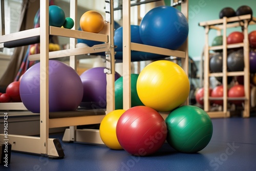 exercise balls in various sizes stored in a gym rack