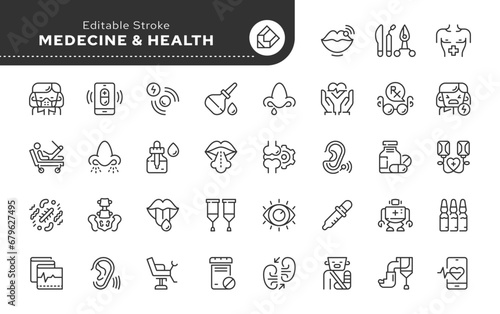 Line icon set. Medшcine, healthcare, medical health. A series of contour web icons in a linear style for an application and a website. Outline iconography. Vector illustration.