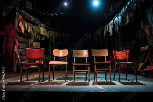 folded chairs behind a stage line photo