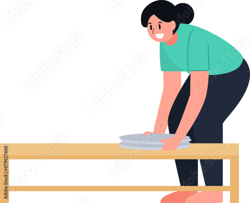 a woman in a blue shirt was picking up plates that were on the short and long table