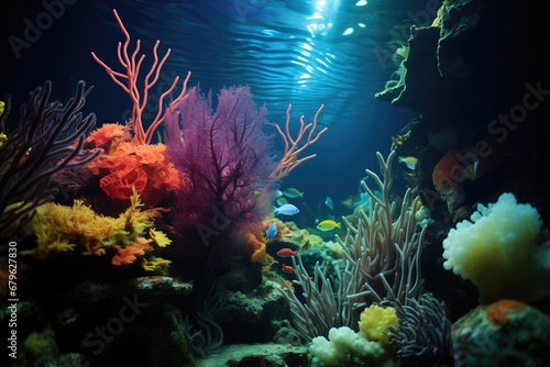 variety of colorful marine plants seen under submarine lighting © altitudevisual