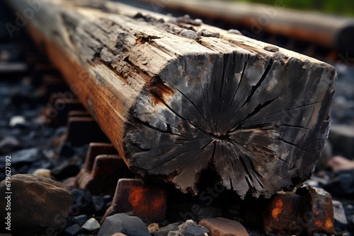 close shot of worn railroad tie photo