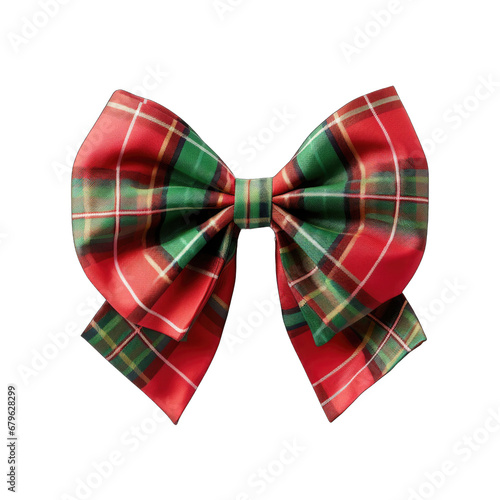Red and green plaid bow and ribbon isolated on transparent background