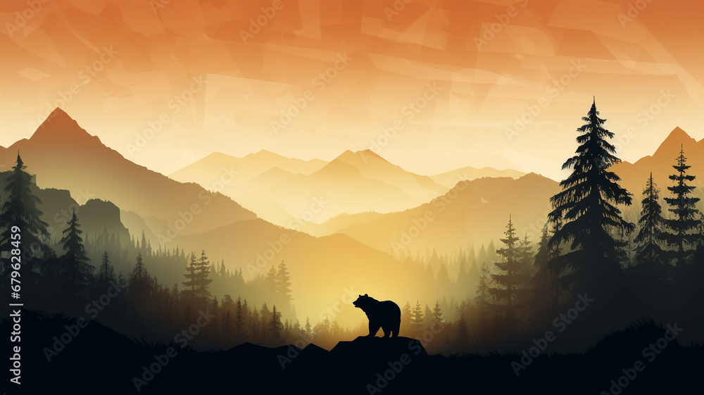 Silhouette of bear climb up hill. Tree in front, muntains and forest in background