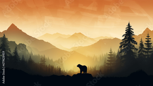 Silhouette of bear climb up hill. Tree in front, muntains and forest in background