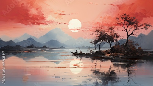 Watercolors of landscapes, temples.