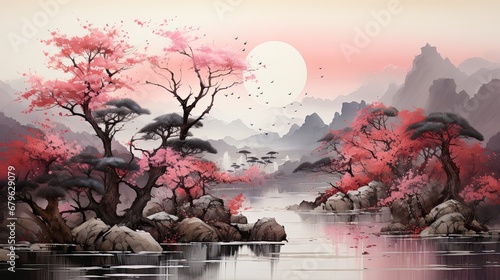 Watercolors of landscapes, temples.