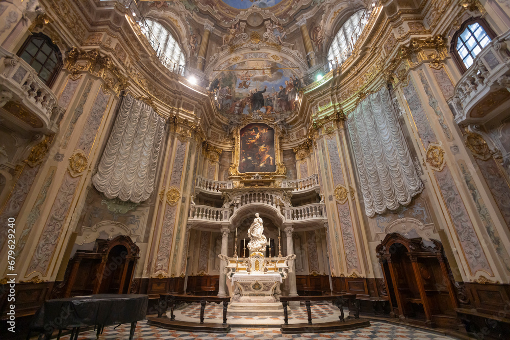 GENOA, ITALY, OCTOBER 14. 2023 -  The altar of the oratory of St. Philip (San Filippo) in the historic center of Genoa, Italy