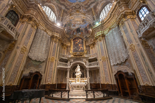GENOA, ITALY, OCTOBER 14. 2023 - The altar of the oratory of St. Philip (San Filippo) in the historic center of Genoa, Italy