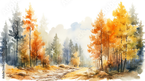 Beautiful autumn forest landscape. forest in autumn season, watercolor style © Yuwarin