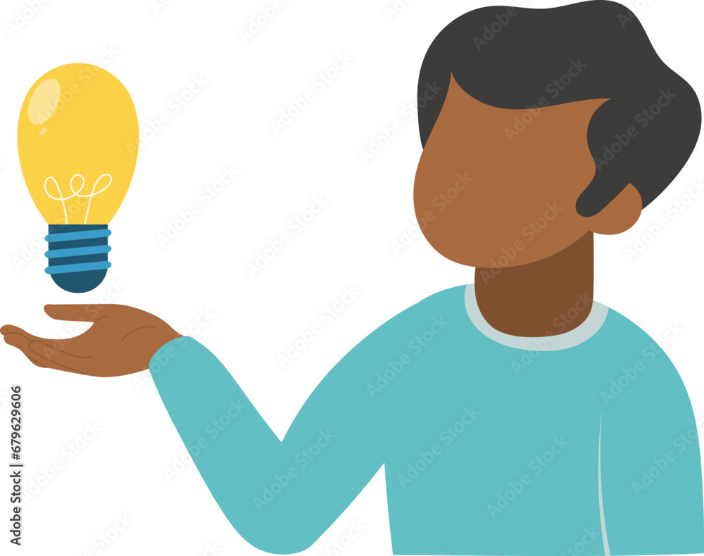 Innovative idea for success. Problem solution concept. The guy is holding a light bulb. Vector illustration.
