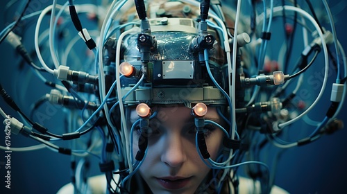 A teenager wearing a brain-computer interface device with electrodes, illustrating the fusion of technology and the human mind. photo