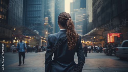 Businesswoman standing and looking at the big city in the morning © Yuwarin