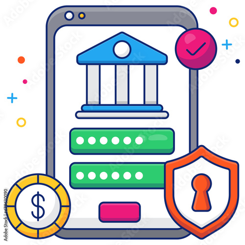 Bank building inside smartphone, icon of secure mobile banking

