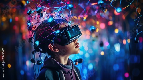 A teenager immersed in a virtual reality game, wearing a brain-computer interface with electrodes, showcasing the convergence of technology and the human mind.
