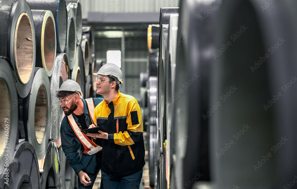 Metal sheet workers perform routine quality checking, enhancing assurance in roofing infrastructure Metal sheet workers perform routine quality checking, enhancing assurance in roofing infrastructure
