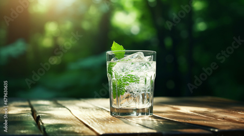 Ice in a glass of water on a wood table the background
